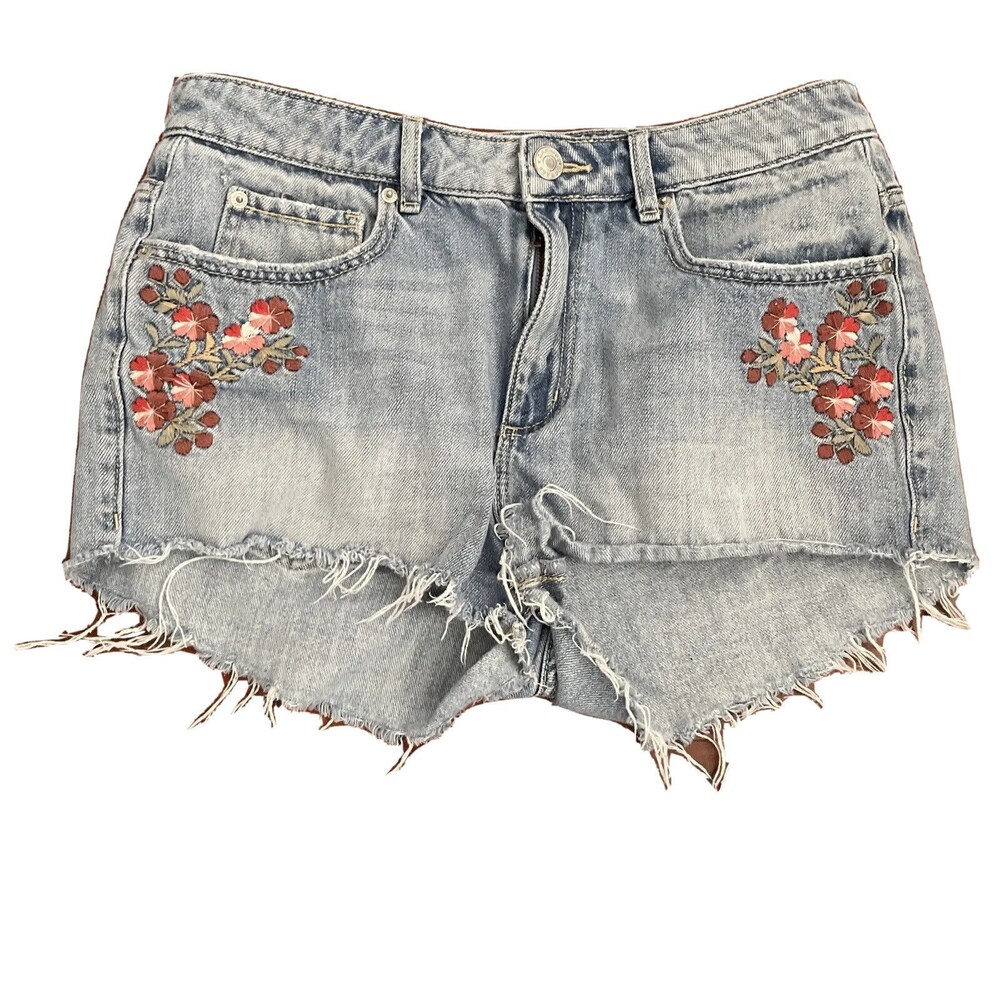 Garage Junior Womens Denim Shorts Size 9 Cut Off Festival Blue Flowers Boho